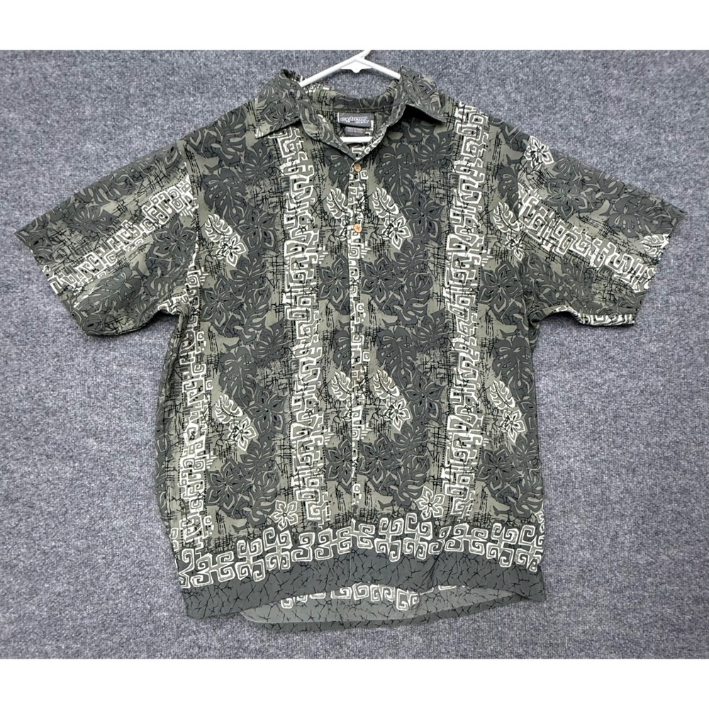 Extreme Gear Mens Large Olive Green Tribal Floral Print Button Up Hawaiian Shirt